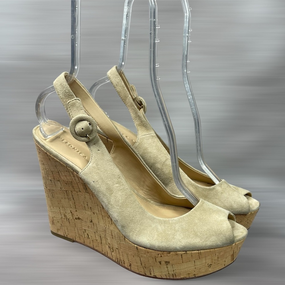 Veronica Beard Dali Suede Wedge‎ Cork Sandals In Beige Color Size 10
